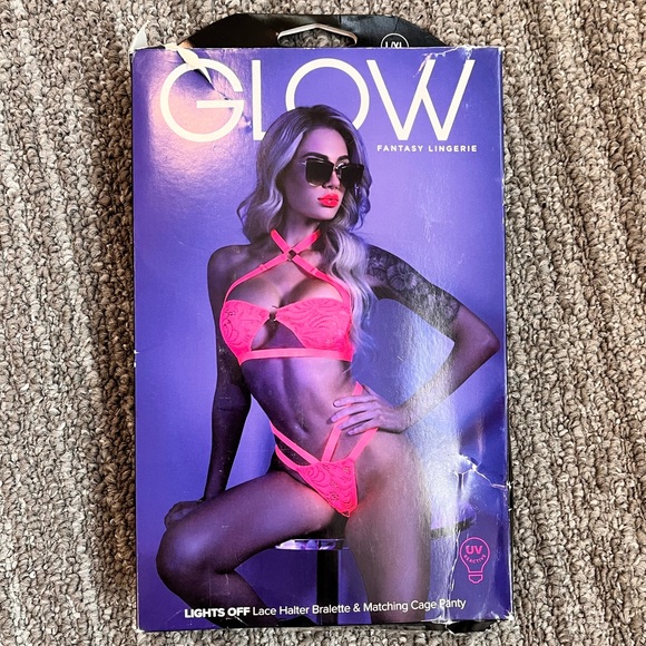 Glow in the Dark Lingerie Bralette & Panty Set Cage Pink Lace Large L XL New - Picture 6 of 7